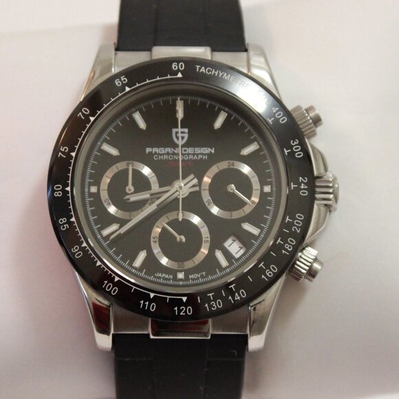 Men's Meca Quartz Chronograph Tachymeter 3 Sub-Dials Date Rubber Strap 40mm - Picture 6 of 15